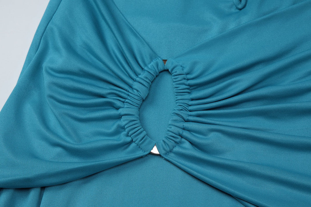 Fitted Maxi Dress with Open Back, Shirring, and Buckle Design - Wally