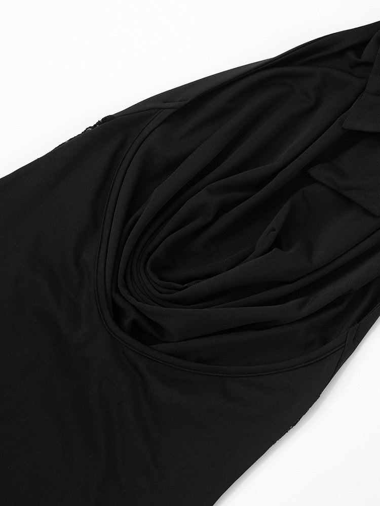 Maxi dress with lace decoration, tie at the nape, open back - ANNA