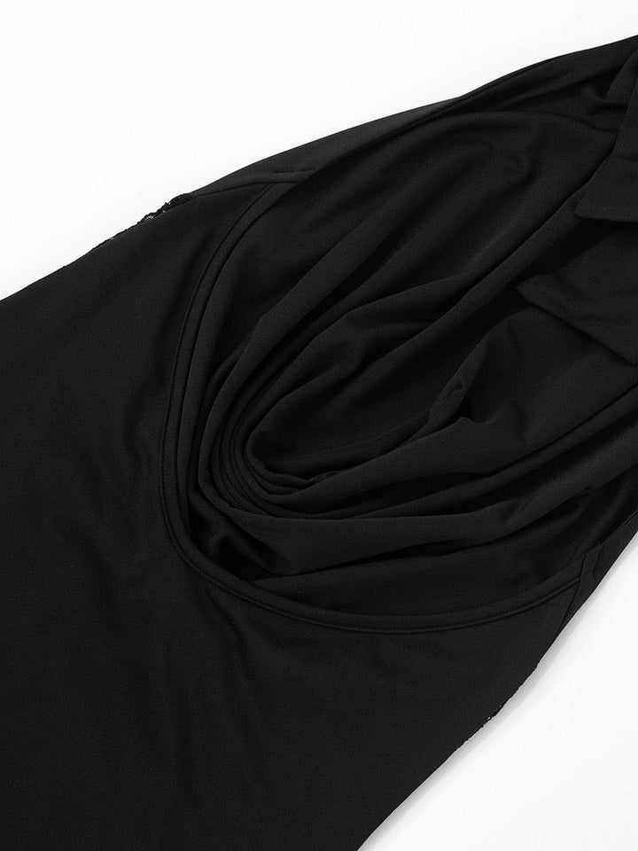 Maxi dress with lace decoration, tie at the nape, open back - ANNA