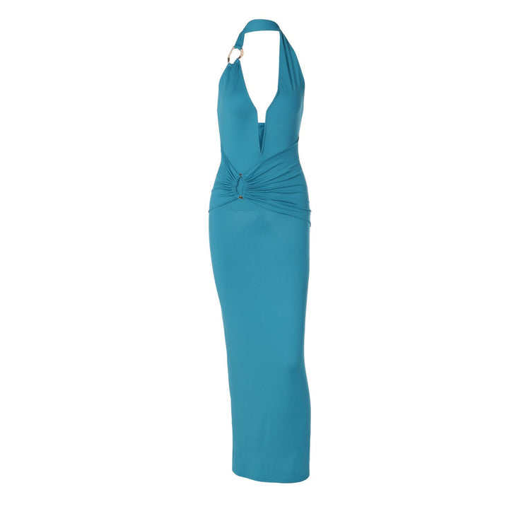 Fitted Maxi Dress with Open Back, Shirring, and Buckle Design - Wally