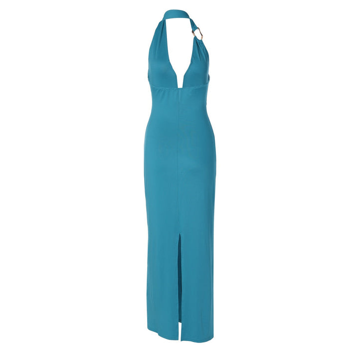 Fitted Maxi Dress with Open Back, Shirring, and Buckle Design - Wally
