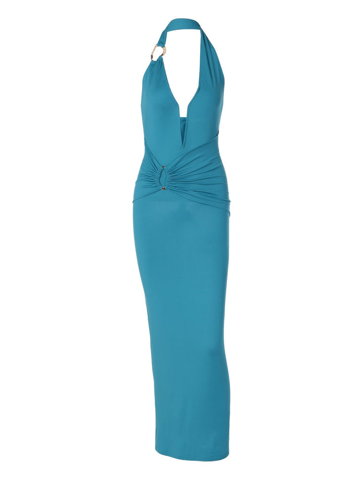 Fitted Maxi Dress with Open Back, Shirring, and Buckle Design - Wally