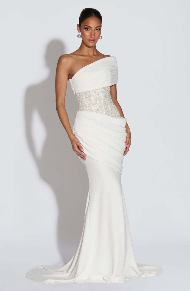 One-Shoulder Maxi Dress with Pleats, Sequins, and Back Tie for Waist Fitting - Sydney