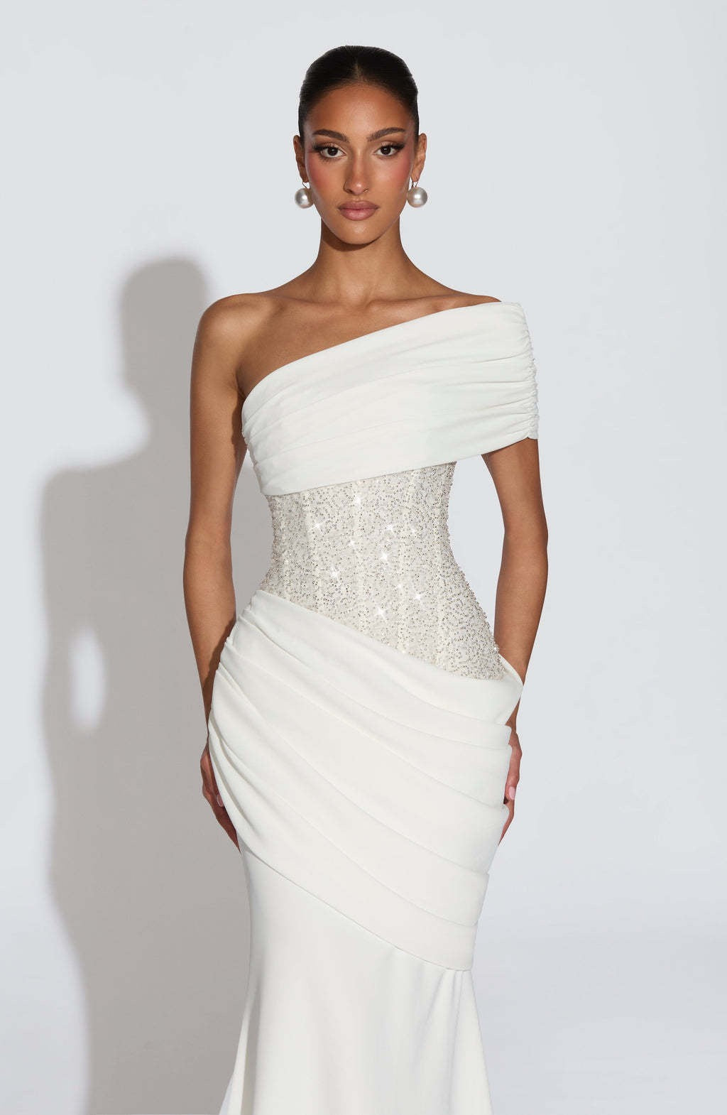 One-Shoulder Maxi Dress with Pleats, Sequins, and Back Tie for Waist Fitting - Sydney