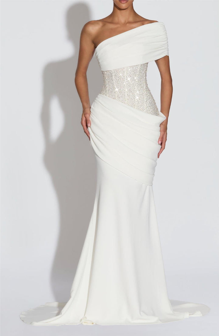 One-Shoulder Maxi Dress with Pleats, Sequins, and Back Tie for Waist Fitting - Sydney