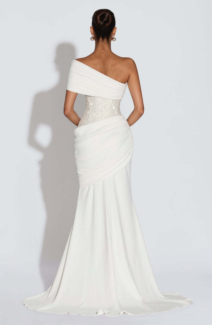 One-Shoulder Maxi Dress with Pleats, Sequins, and Back Tie for Waist Fitting - Sydney