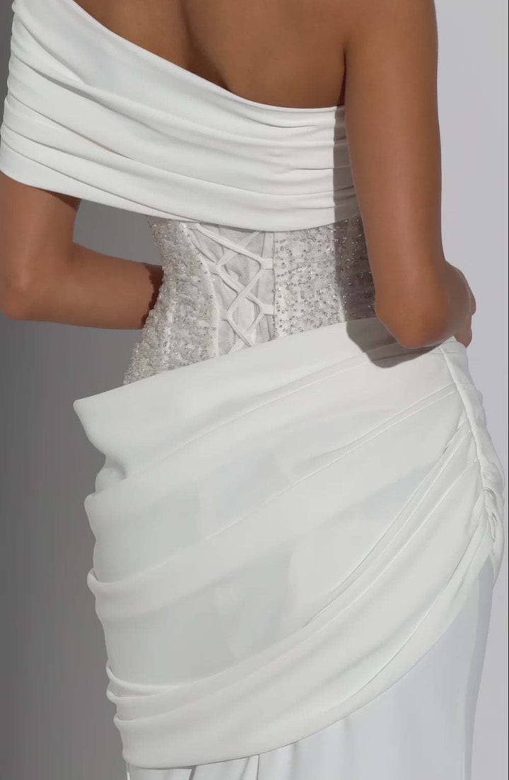 One-Shoulder Maxi Dress with Pleats, Sequins, and Back Tie for Waist Fitting - Sydney