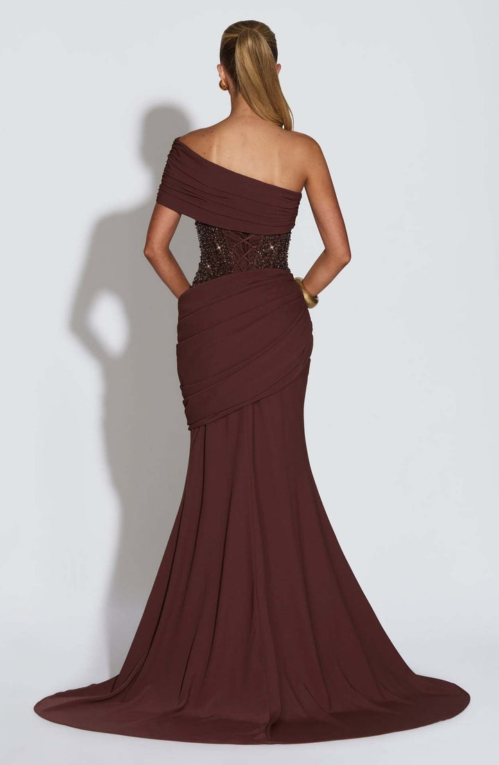 One-Shoulder Maxi Dress with Pleats, Sequins, and Back Tie for Waist Fitting - Sydney