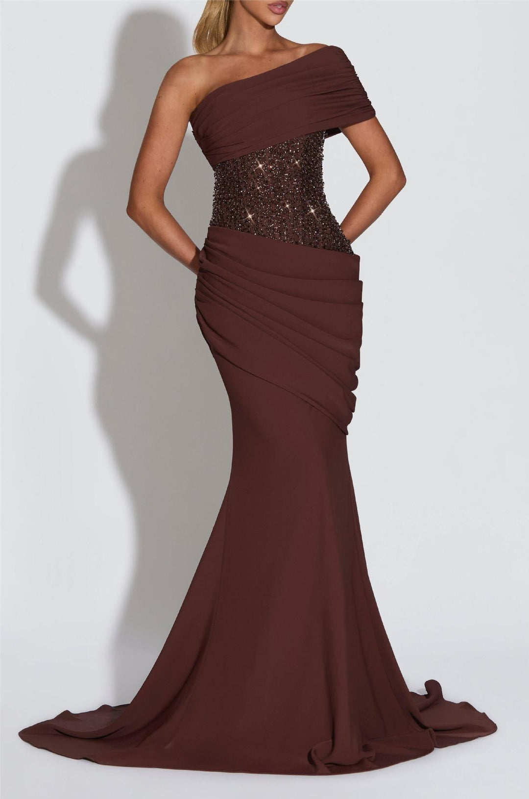 One-Shoulder Maxi Dress with Pleats, Sequins, and Back Tie for Waist Fitting - Sydney
