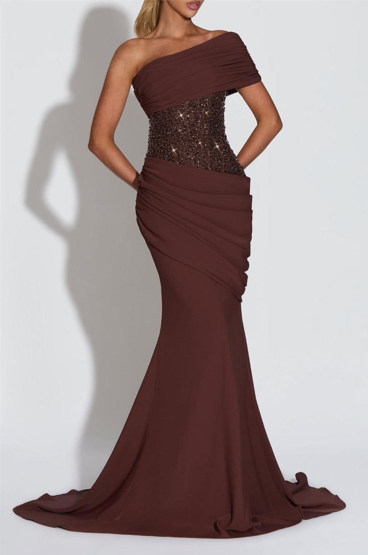 One-Shoulder Maxi Dress with Pleats, Sequins, and Back Tie for Waist Fitting - Sydney
