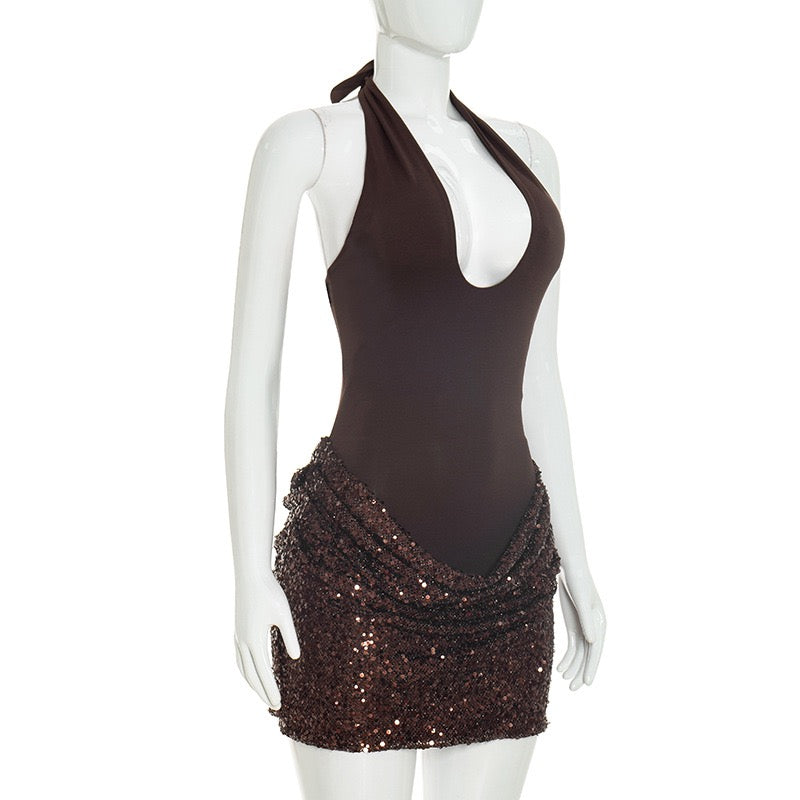 MELISSA mini dress with a neck tie, open back, and sequin-skirt design