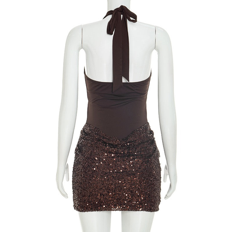 MELISSA mini dress with a neck tie, open back, and sequin-skirt design