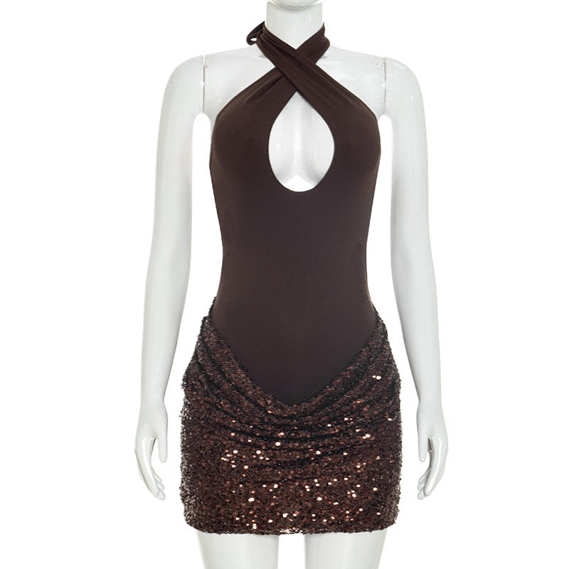 MELISSA mini dress with a neck tie, open back, and sequin-skirt design