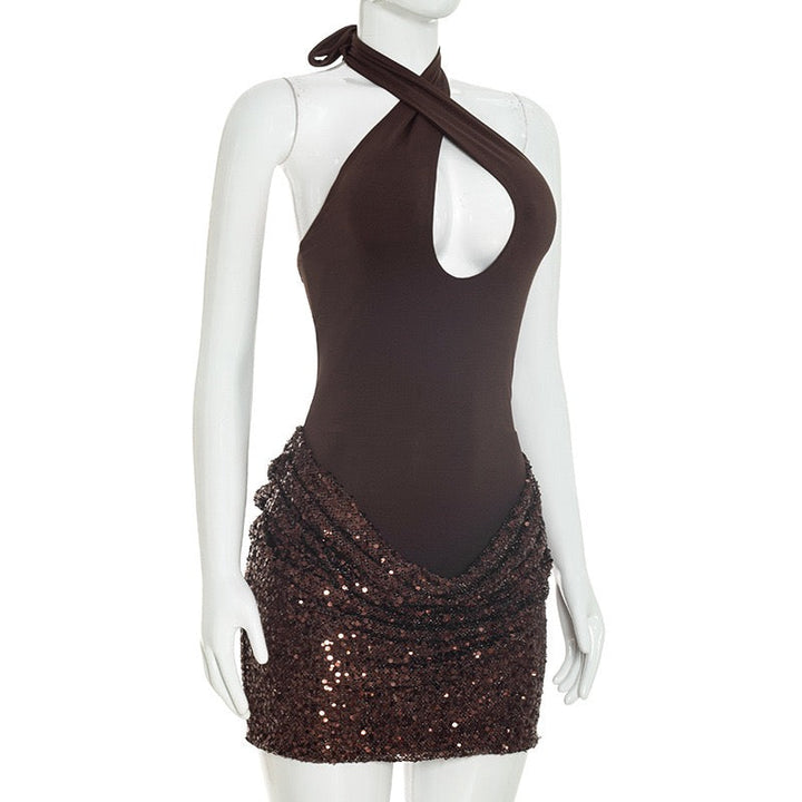 MELISSA mini dress with a neck tie, open back, and sequin-skirt design