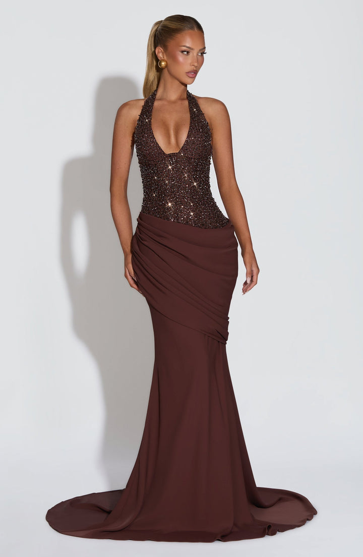 Maxi Dress with Sequin Design, Closure at Exposed Back, and Back Tie for Waist Fitting - Liana