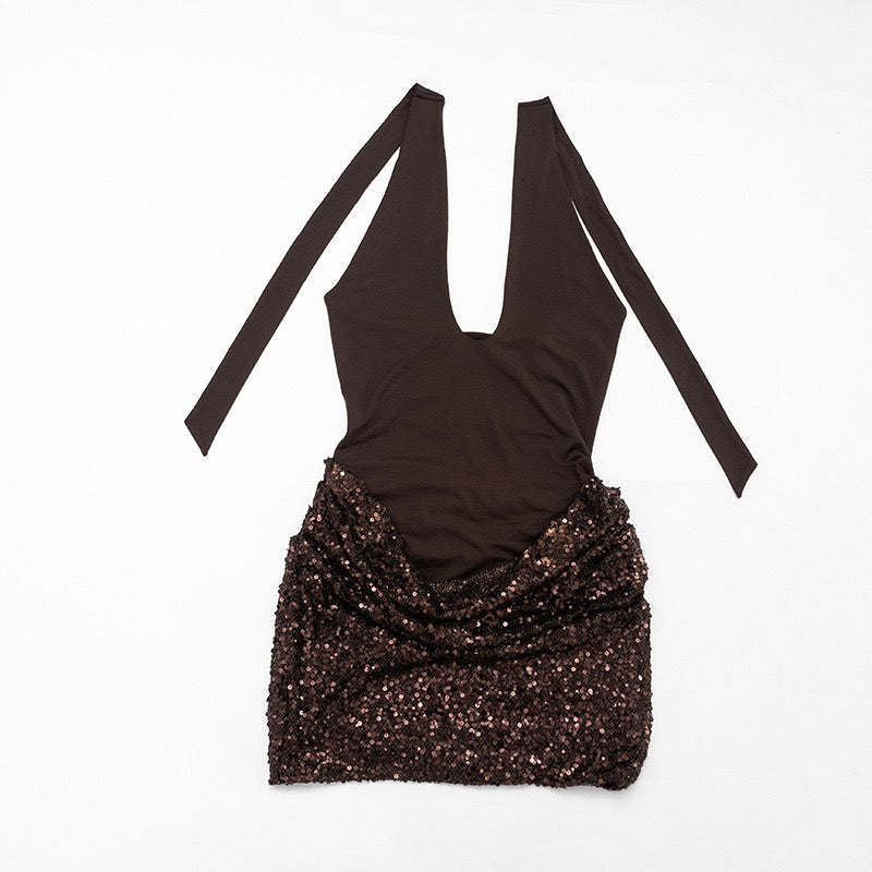 MELISSA mini dress with a neck tie, open back, and sequin-skirt design
