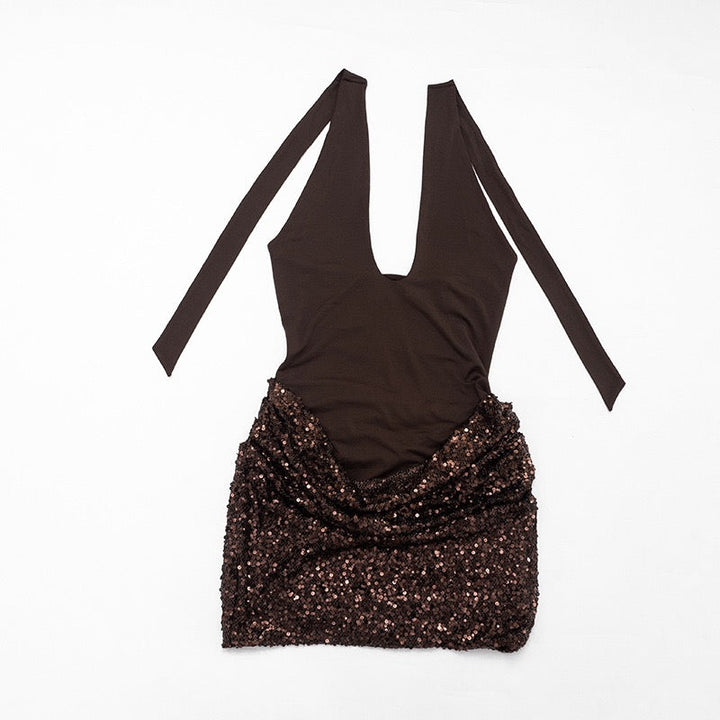 MELISSA mini dress with a neck tie, open back, and sequin-skirt design