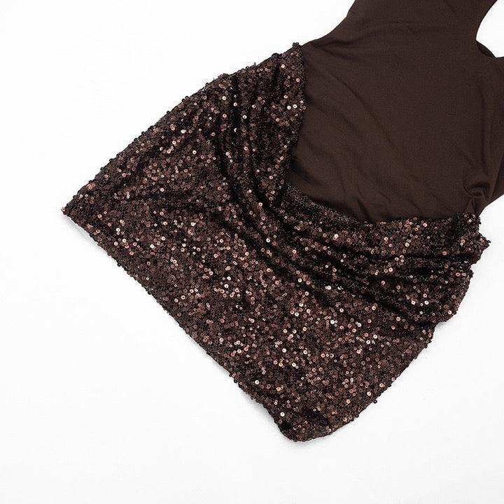 MELISSA mini dress with a neck tie, open back, and sequin-skirt design