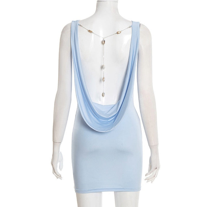 Mini dress with pleated design, open back, and stone chain decoration - SIA