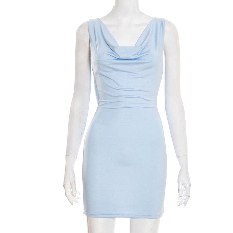 Mini dress with pleated design, open back, and stone chain decoration - SIA