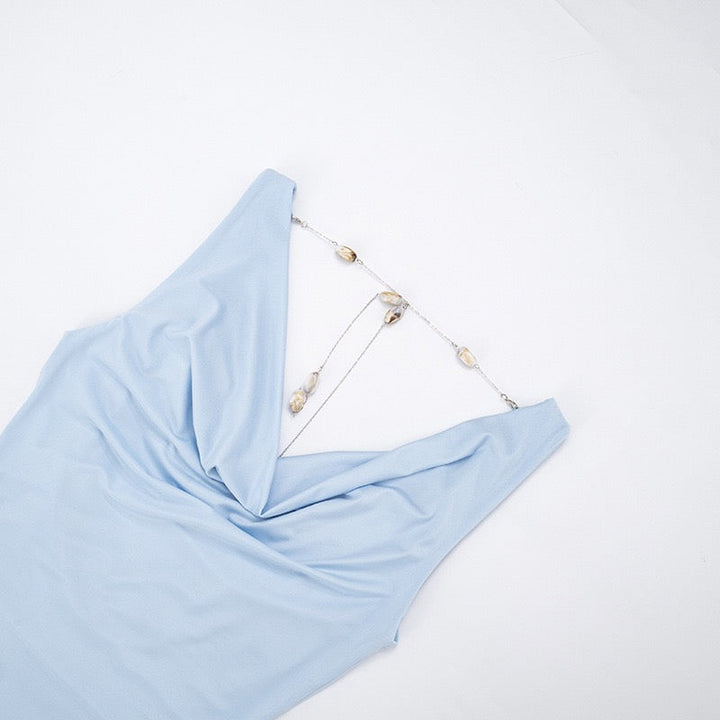 Mini dress with pleated design, open back, and stone chain decoration - SIA