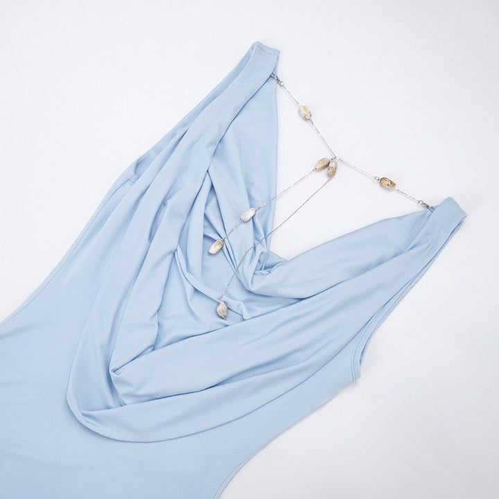 Mini dress with pleated design, open back, and stone chain decoration - SIA