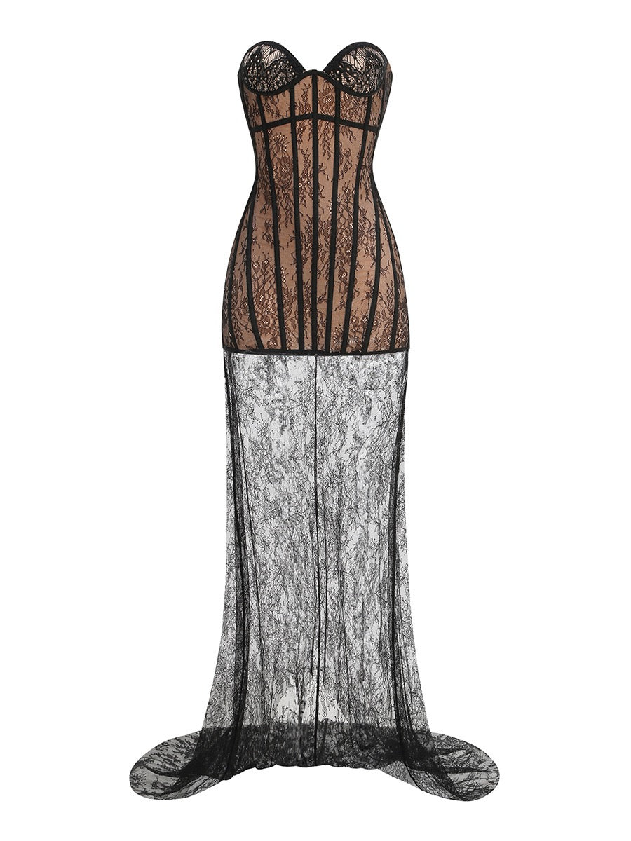 Strapless Mini Lace Dress with Corset Design and Detachable Lace Skirt - DELLA