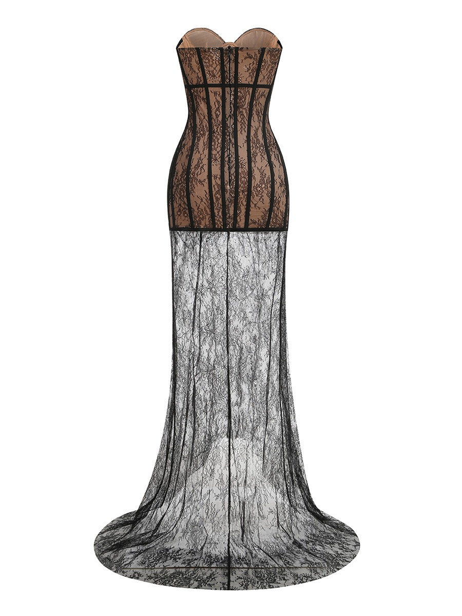 Strapless Mini Lace Dress with Corset Design and Detachable Lace Skirt - DELLA