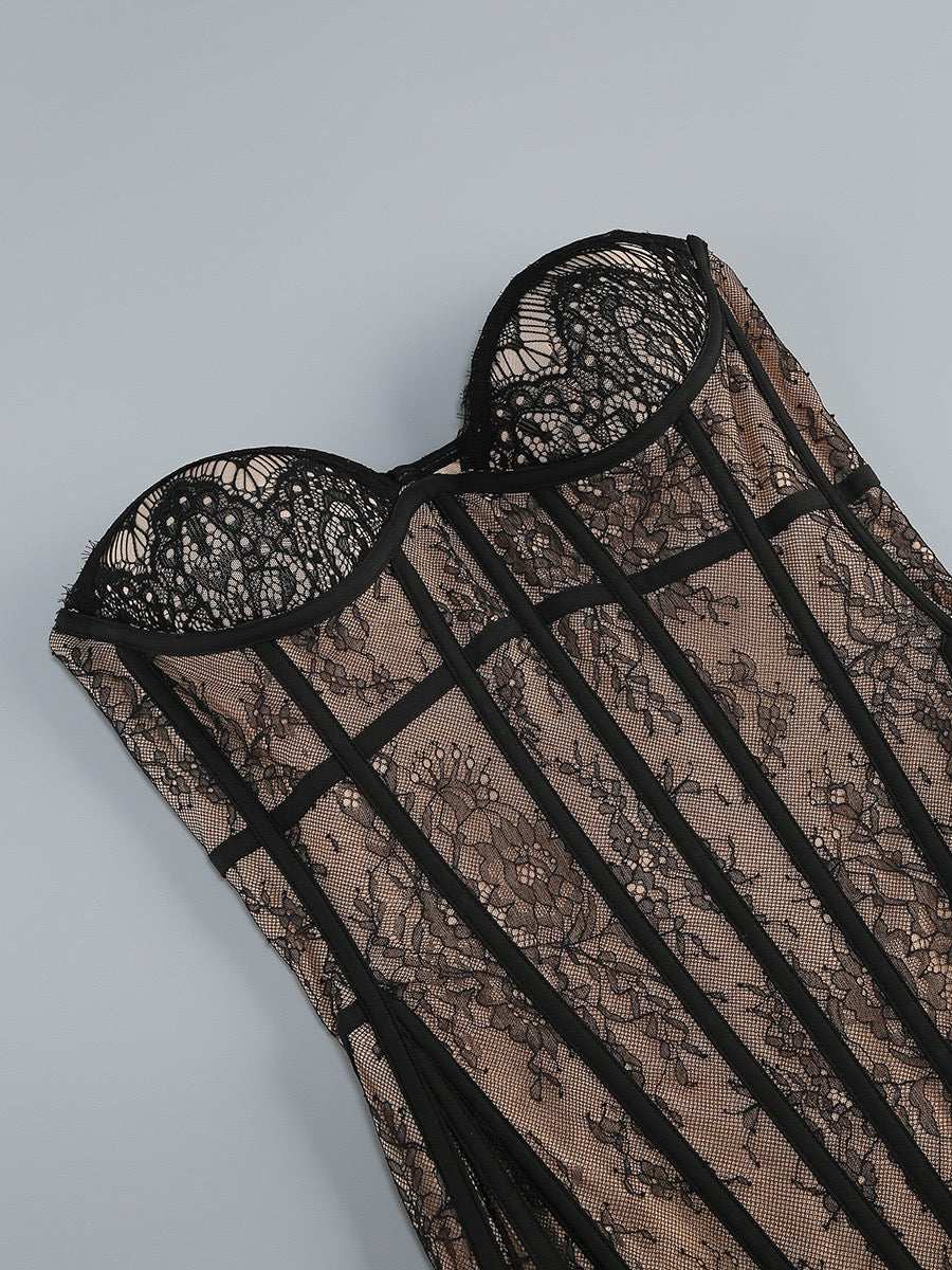 Strapless Mini Lace Dress with Corset Design and Detachable Lace Skirt - DELLA