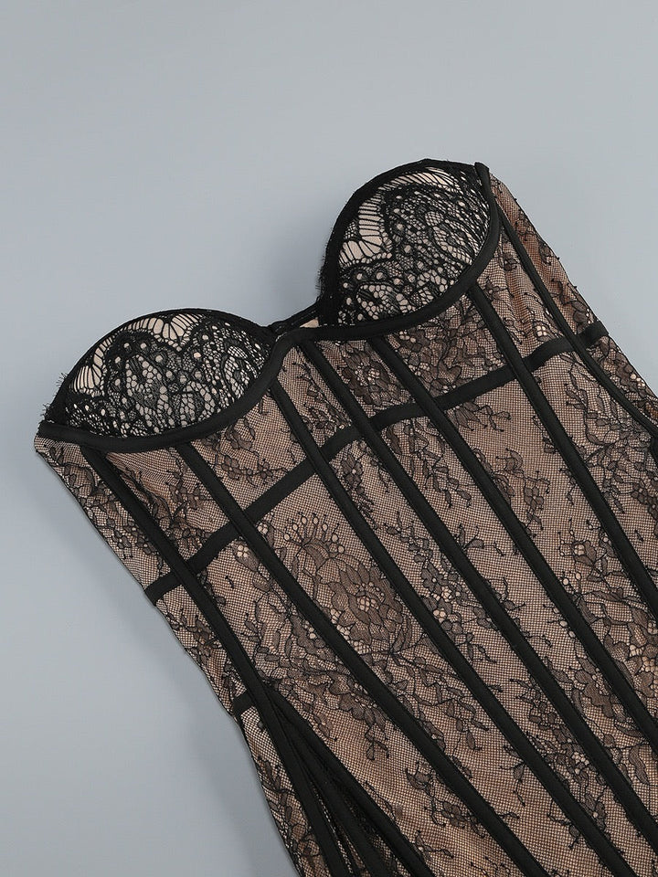 Strapless Mini Lace Dress with Corset Design and Detachable Lace Skirt - DELLA