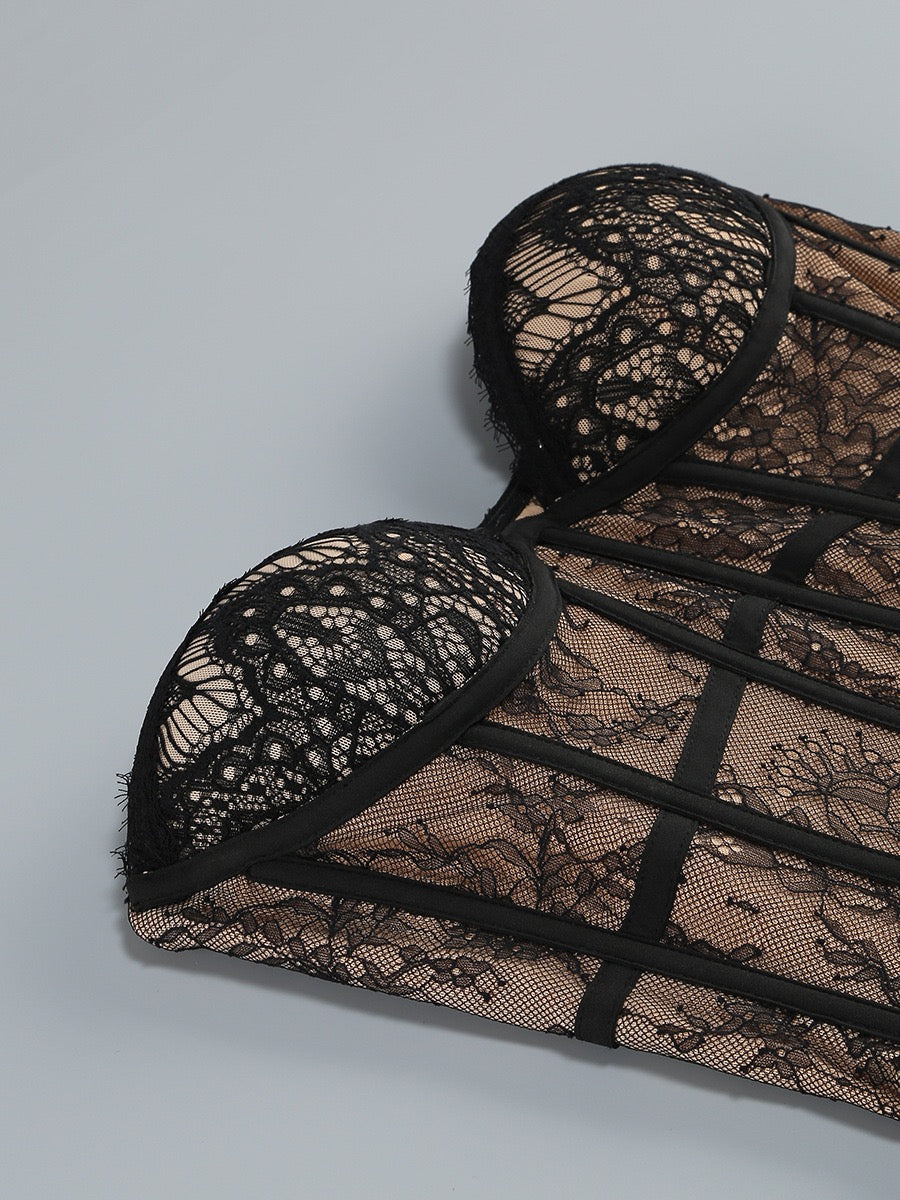 Strapless Mini Lace Dress with Corset Design and Detachable Lace Skirt - DELLA
