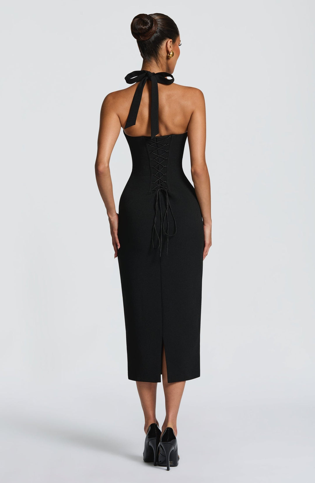 Fitted Midi Dress with Lace Decoration and Tie at Open Back - KYLA