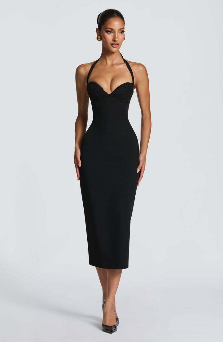 Fitted Midi Dress with Lace Decoration and Tie at Open Back - KYLA