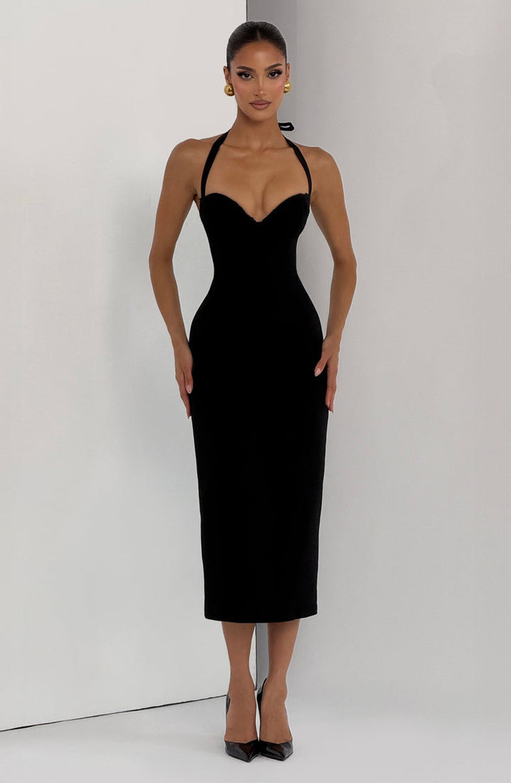 Fitted Midi Dress with Lace Decoration and Tie at Open Back - KYLA