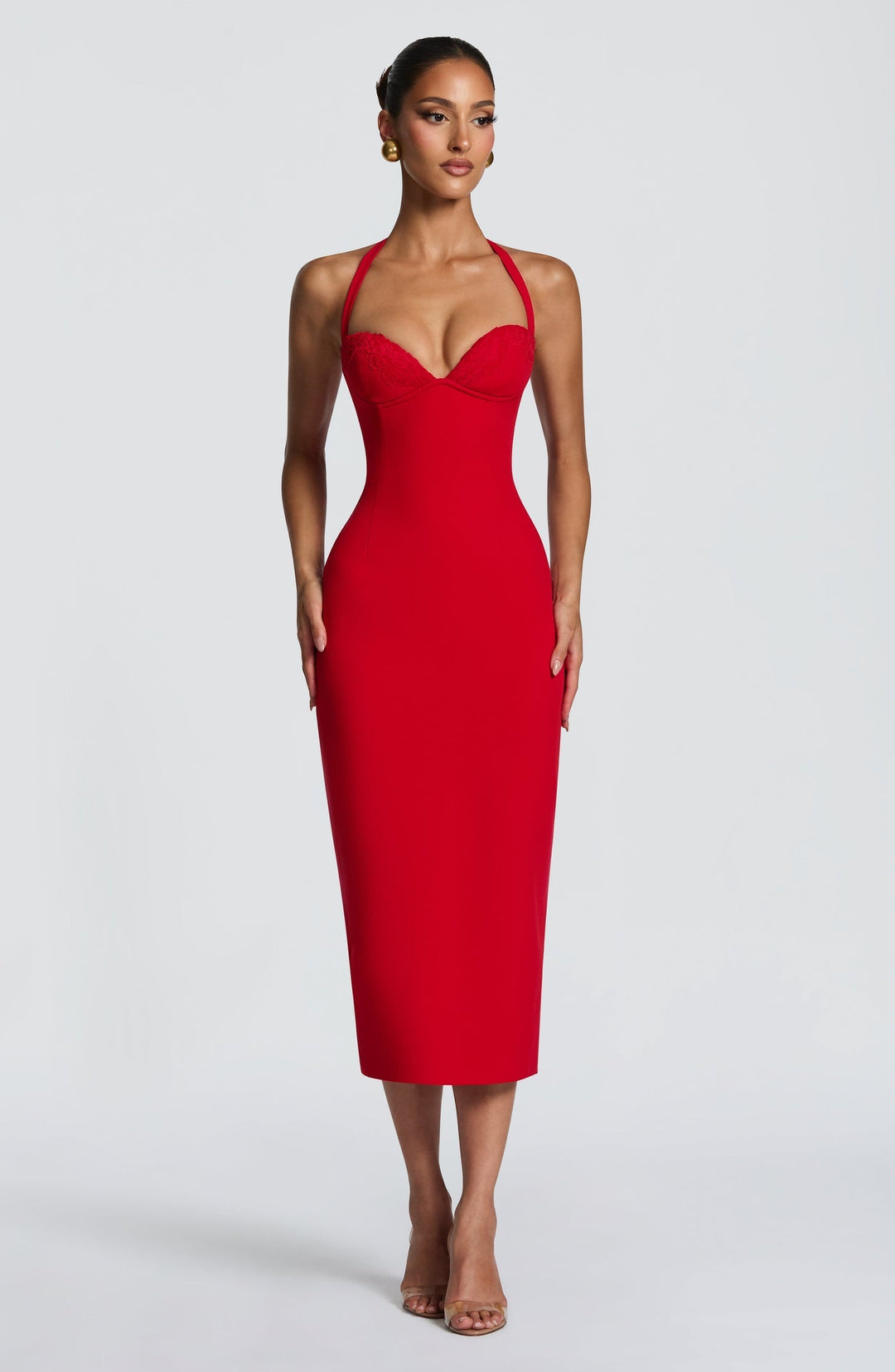 Fitted Midi Dress with Lace Decoration and Tie at Open Back - KYLA