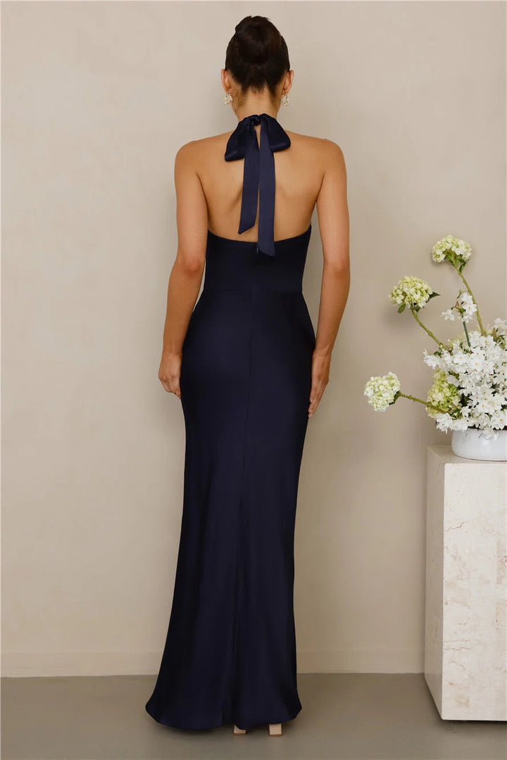 Maxi Satin Dress with Tie at the Neck and Open Back - MAZIE