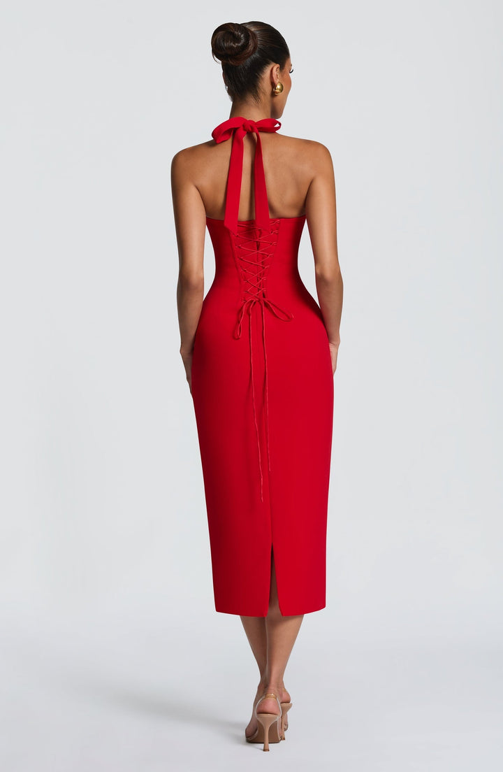 Fitted Midi Dress with Lace Decoration and Tie at Open Back - KYLA