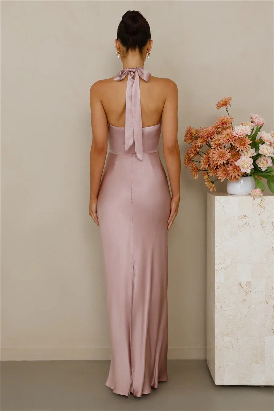 Maxi Satin Dress with Tie at the Neck and Open Back - MAZIE