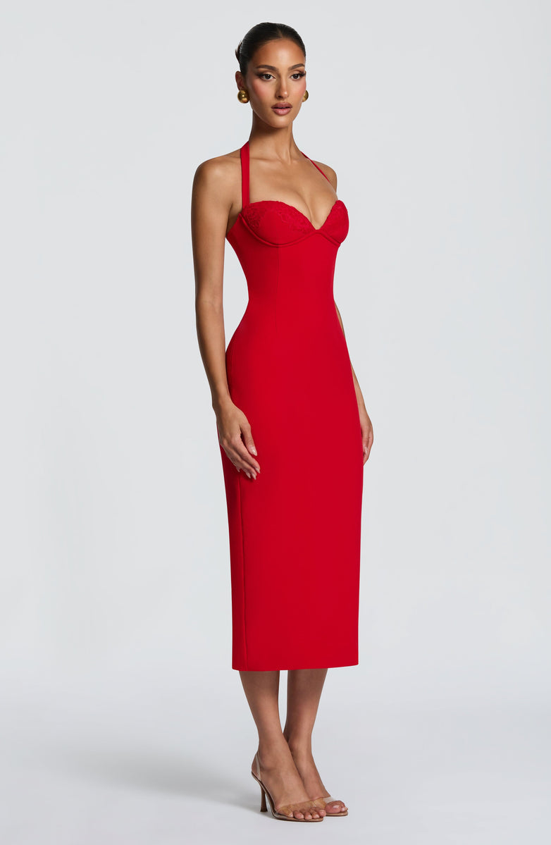 Fitted Midi Dress with Lace Decoration and Tie at Open Back - KYLA
