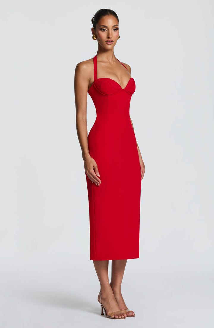 Fitted Midi Dress with Lace Decoration and Tie at Open Back - KYLA