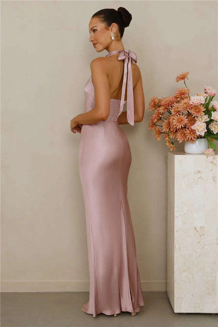 Maxi Satin Dress with Tie at the Neck and Open Back - MAZIE