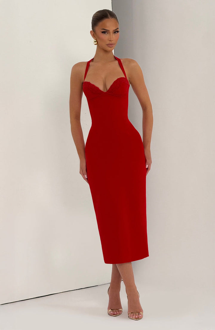 Fitted Midi Dress with Lace Decoration and Tie at Open Back - KYLA
