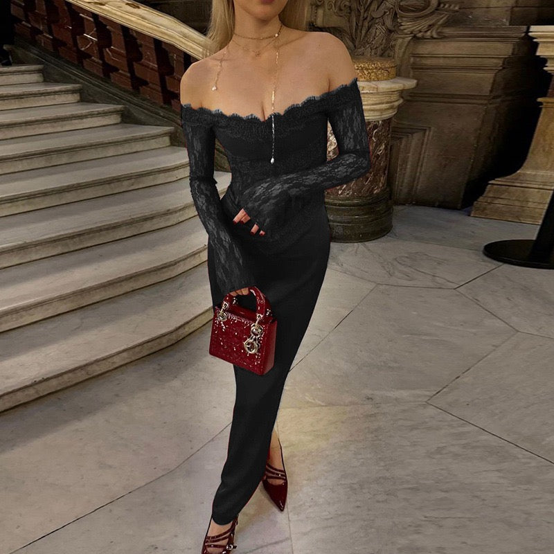 Elegant maxi dress with off-shoulder design and lace decoration - Tamara