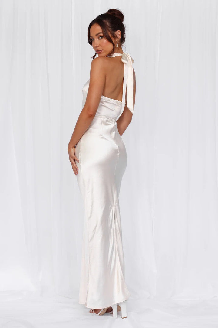 Maxi Satin Dress with Tie at the Neck and Open Back - MAZIE