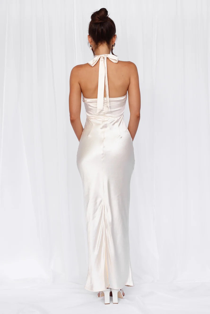 Maxi Satin Dress with Tie at the Neck and Open Back - MAZIE