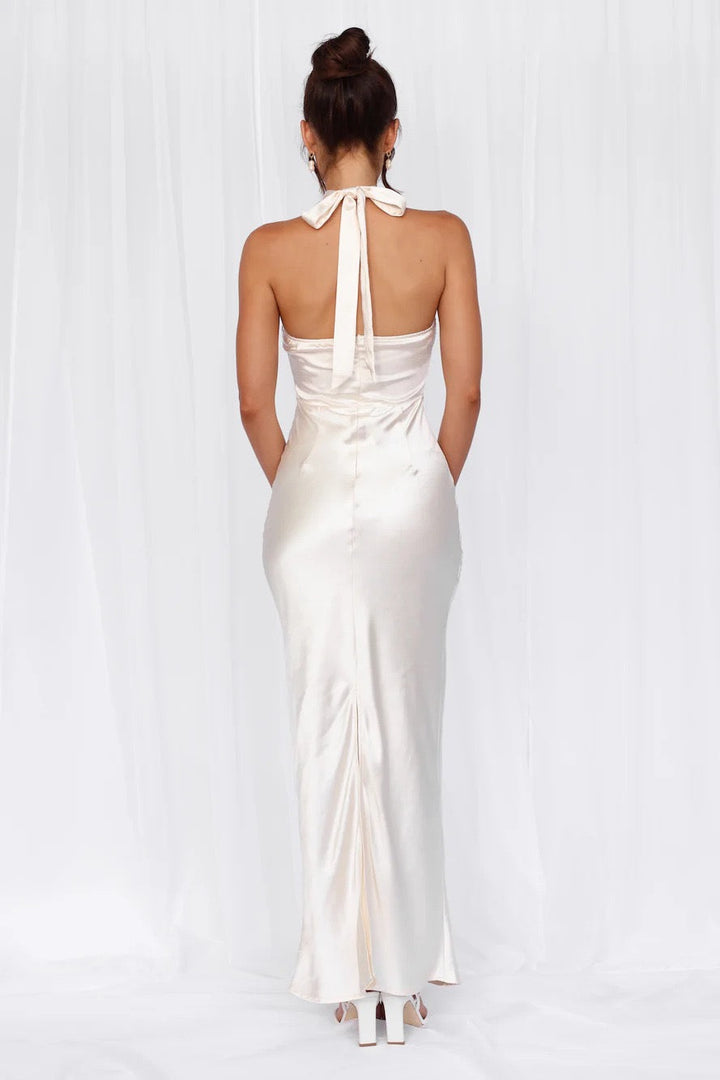Maxi Satin Dress with Tie at the Neck and Open Back - MAZIE