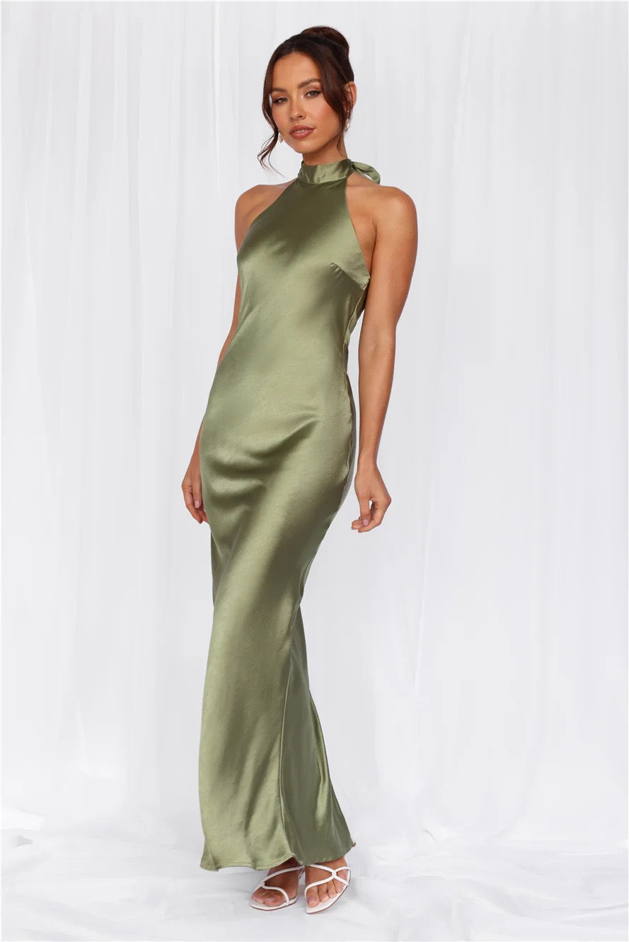 Maxi Satin Dress with Tie at the Neck and Open Back - MAZIE