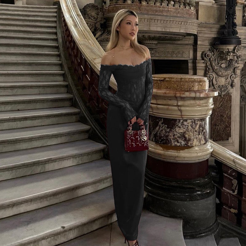 Elegant maxi dress with off-shoulder design and lace decoration - Tamara