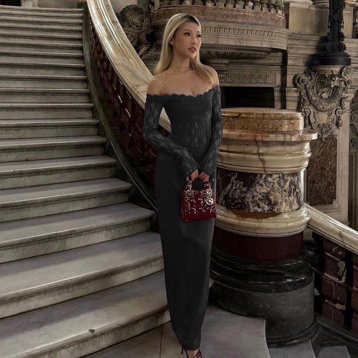 Elegant maxi dress with off-shoulder design and lace decoration - Tamara