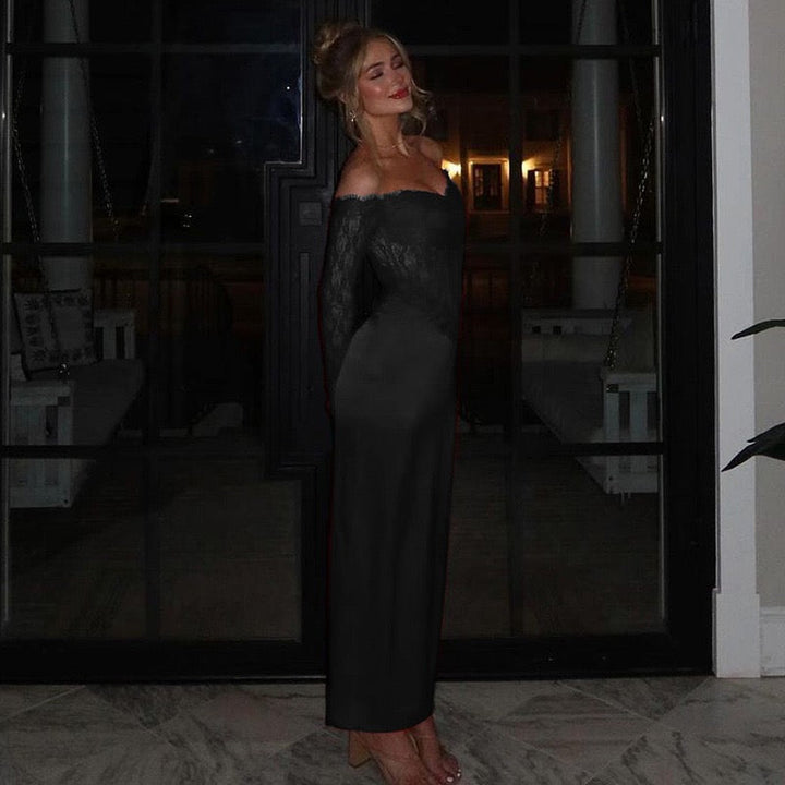 Elegant maxi dress with off-shoulder design and lace decoration - Tamara